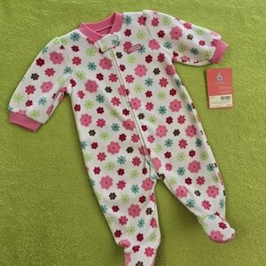 NWT 3-6M  Baby GIRLS fleece FOOTIE  Pink Green & Aqua Blue + Flower on Feet (Q4)